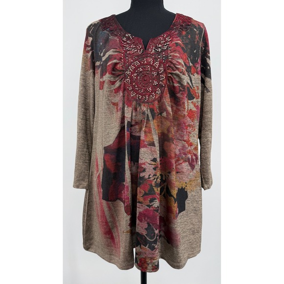 ONE WORLD Live and Let Live Tops - OneWorld Live and Let Live Floral Artsy Embellished 3/4 Sleeves 2X Tunic Boho